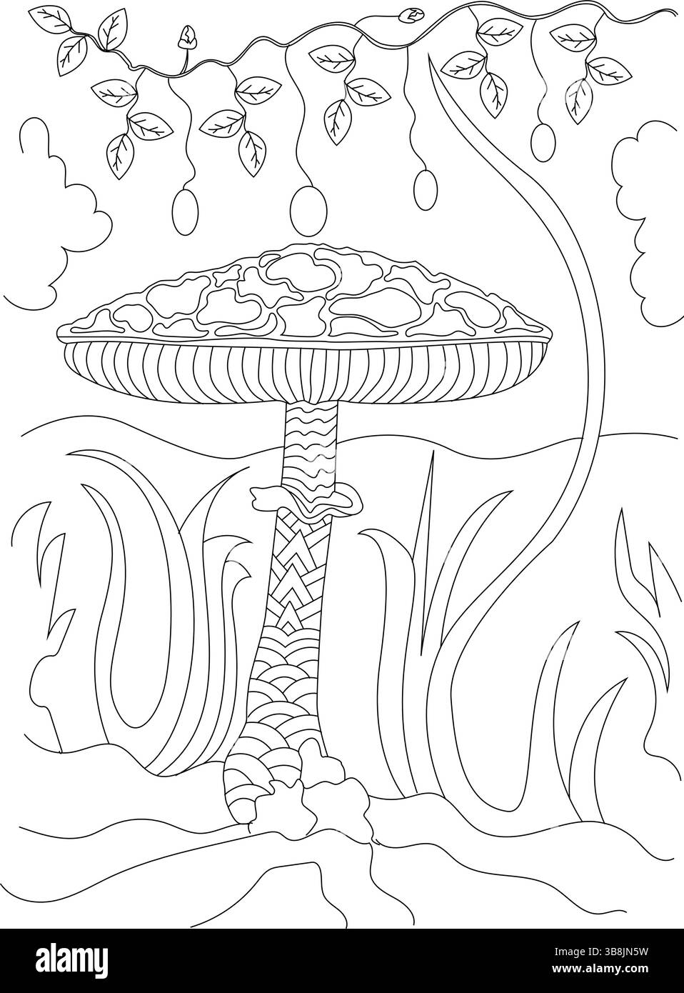 Eine schwarz-weiße Linienzeichnung eines fantastischen oder magischen Pilzes, umgeben von Gras und einem Zweig mit Blättern und Früchten. Ideal zum Färben von Buh Stock Vektor