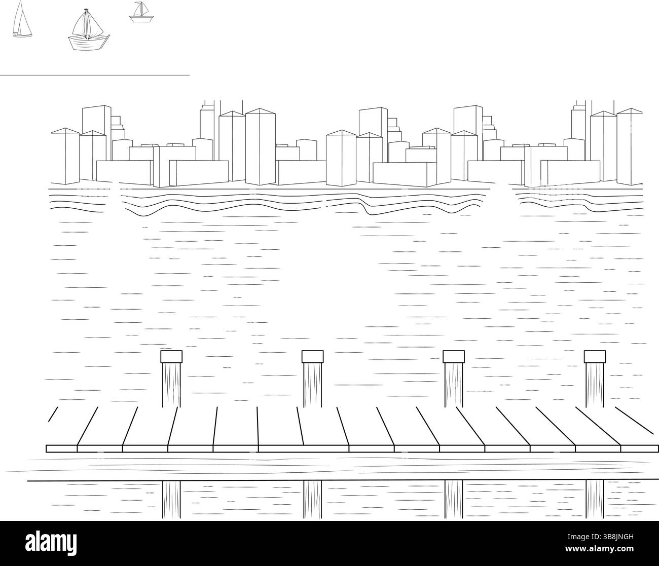 Einfache schwarz-weiße Linienzeichnung einer Skyline von der anderen Seite des Wassers. Mit einem Pier im Vordergrund und Segelbooten in der Ferne, cre Stock Vektor
