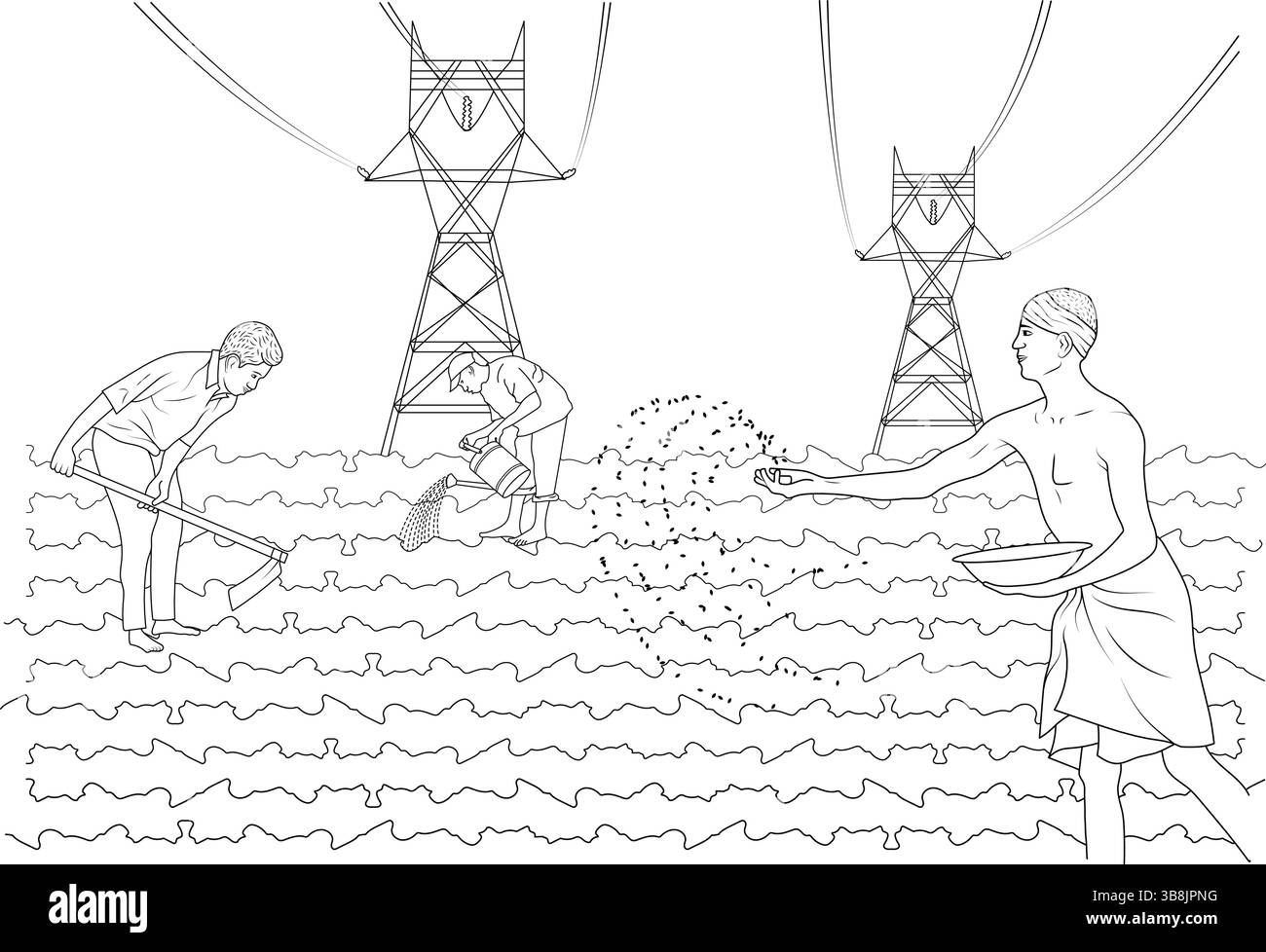 Eine Strichzeichnung, die drei Männer zeigt, die verschiedene landwirtschaftliche Tätigkeiten auf einem Feld ausüben. Ein Mann hackt den Boden, ein anderer bewässert cr Stock Vektor