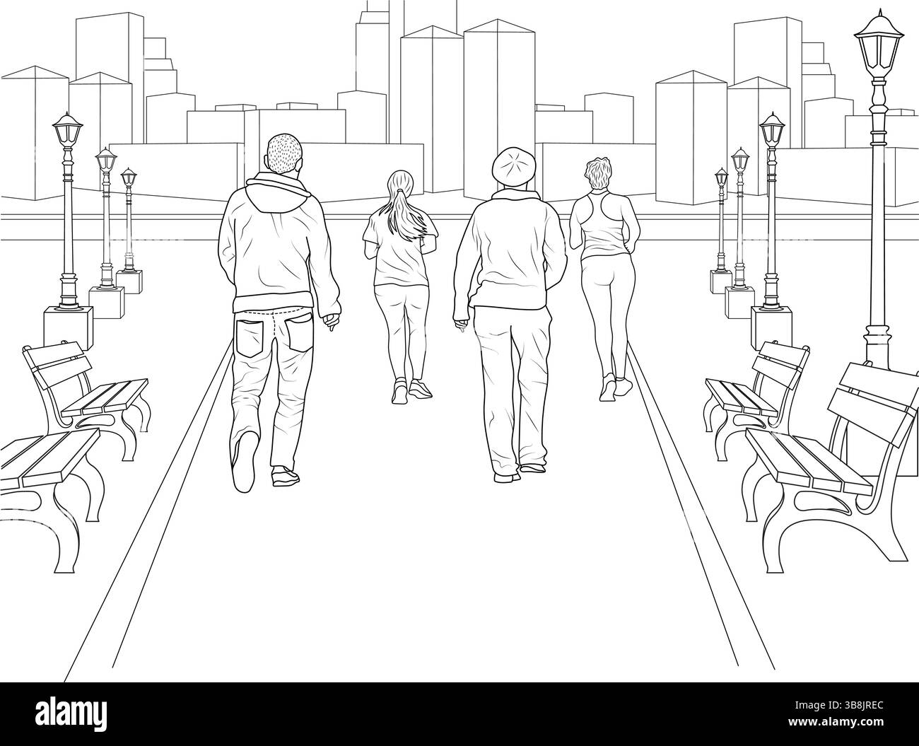 Strichkunst-Illustration, die eine Gruppe anonymer Individuen zeigt, die auf einem breiten Pfad in einem urbanen Park spazieren. Bänke und Laternenpfosten säumen den PA Stock Vektor