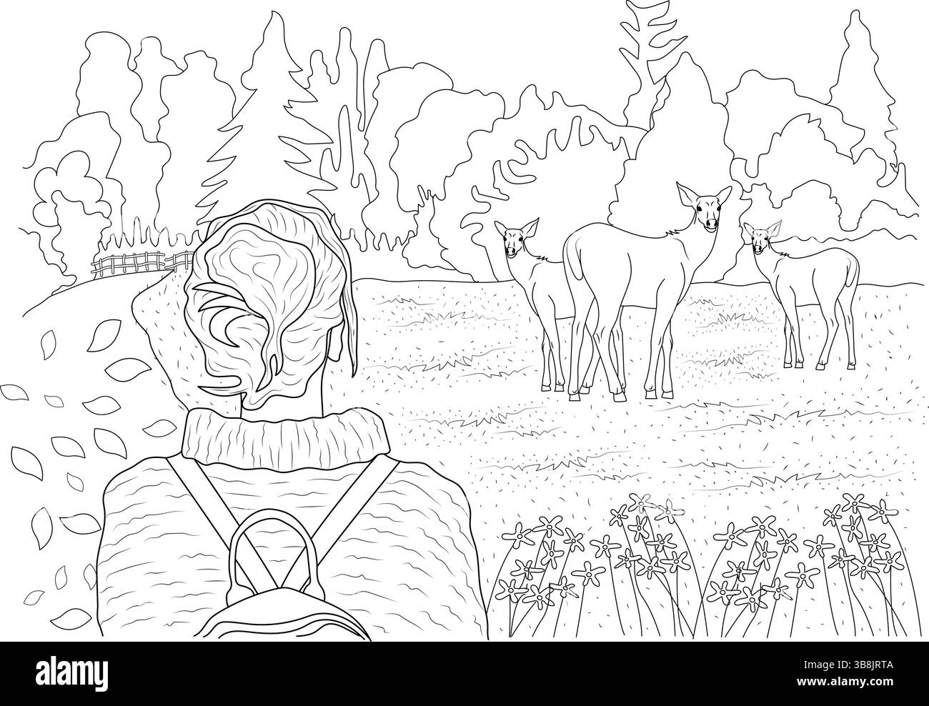 Schwarz-weiße Strichgrafik-Illustration zum Färben. Ein Besucher mit Rucksack steht und beobachtet eine kleine Gruppe von Hirschen in einer Landschaft mit Bäumen, Stock Vektor