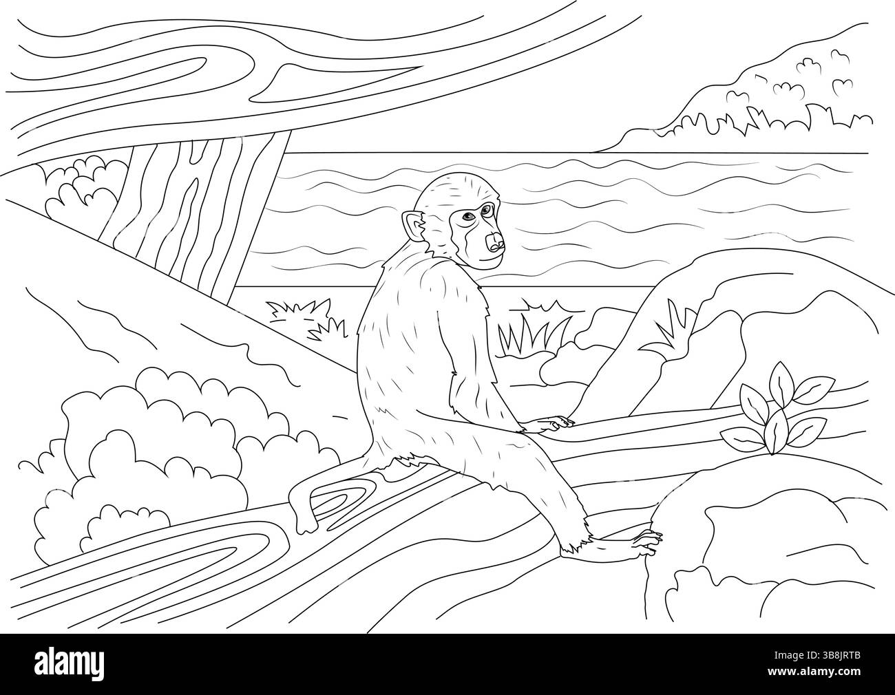 Detaillierte Stylenkunst-Illustration eines Affen, der friedlich auf einem gefallenen Baumstamm in einer natürlichen Landschaft im Freien sitzt. Diese Schwarzweiß-Zeichnung ist ideal für Stock Vektor