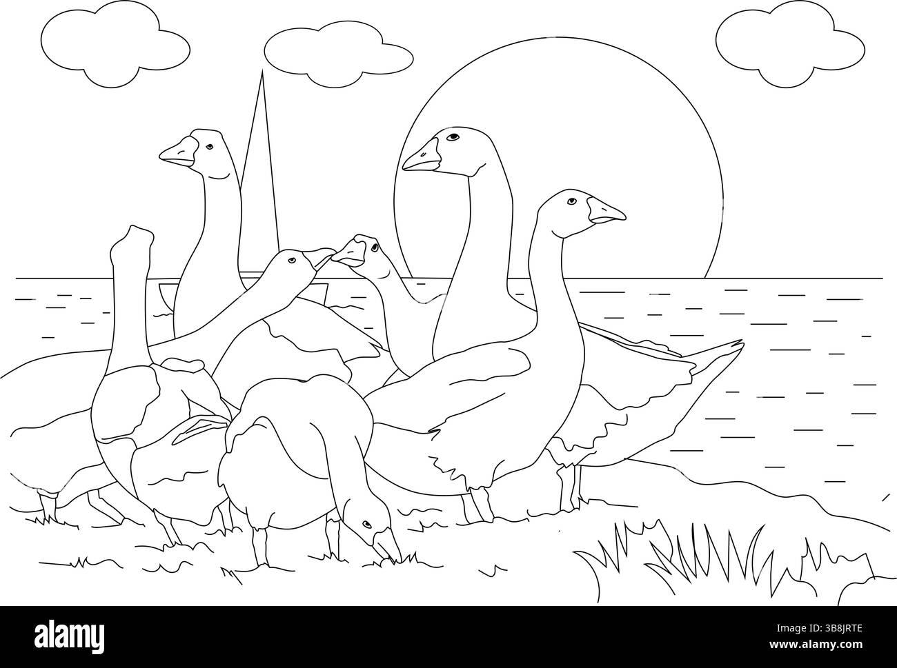 Schwarz-weiße Strichgrafik-Illustration, die eine Gruppe von Gänsevögeln zeigt, die auf dem Ufer eines Flusses oder Sees stehen und weiden, mit der Sonne und den Wolken im Th Stock Vektor