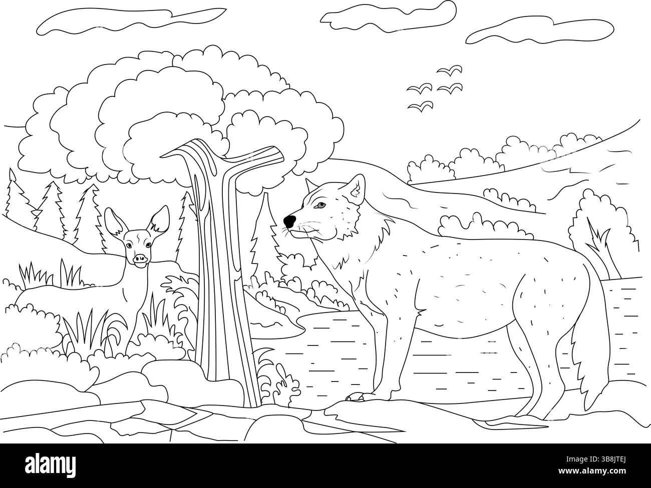 Schwarz-weiße Strichzeichnung, die einen Wolf und einen Hirsch in einer Waldlandschaft mit Bäumen, einem Wasserfall, Felsen und Vögeln darstellt. Ideal für Farben Stock Vektor