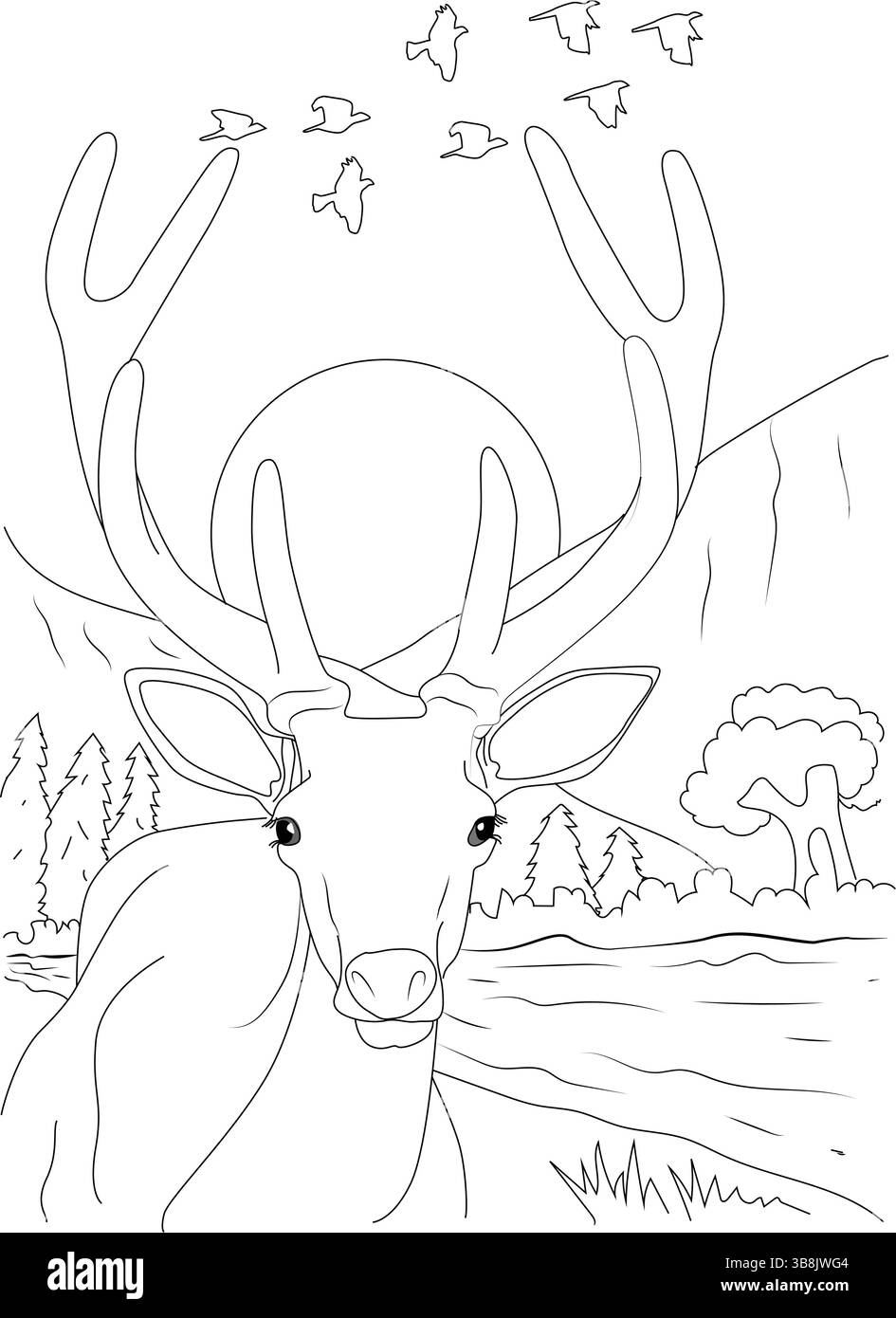 Schwarz-weiße Strichgrafik-Illustration, geeignet für eine Malseite, mit einem majestätischen Rentier oder Hirsch mit großen Geweihen, die in einem ruhigen Moun stehen Stock Vektor