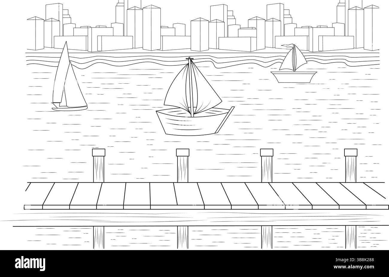 Einfache schwarz-weiße Linienzeichnung einer Skyline von der anderen Seite des Wassers. Mit einem Pier im Vordergrund und Segelbooten in der Ferne, cre Stock Vektor