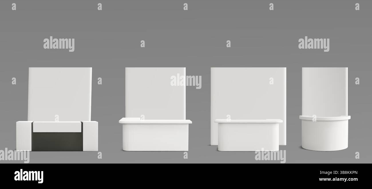 Weißer Rezeptionstresen – geschwungene moderne Theken in verschiedenen Formen. Minimalistisches Hochglanz-Büromöbel, elegante, moderne Geschäftseinrichtung. Modulare Konfigurationen im stilvollen Lobbybereich. Stock Vektor