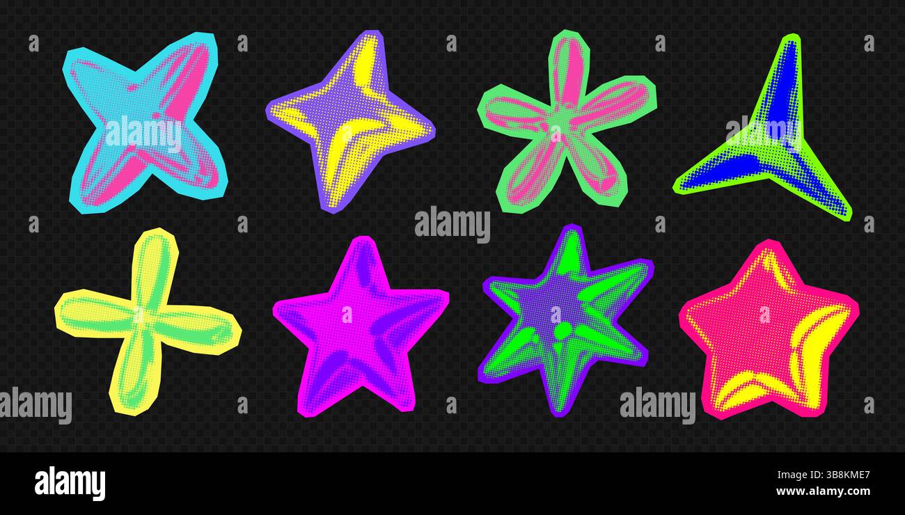 Y2K 3d Punk Neonfarben Hell Chrom Halbtonsterne Form Retro abstrakte Vektor Illustration Sticker Set. Stock Vektor