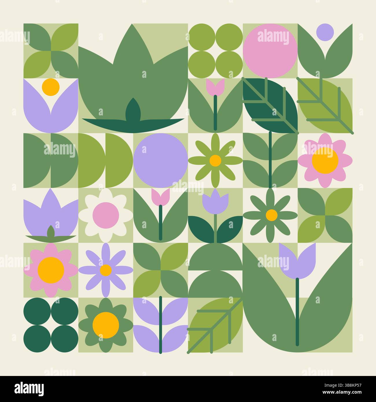 Geometrisches Blumenmuster - vereinfachte botanische Formen bilden ein dekoratives Gitter. Stiele und Blüten, Blätter in Grün-, Lila- und rosafarbenen Blumenschmuck. Naturgarten und Frühlingsmotiv. Stock Vektor