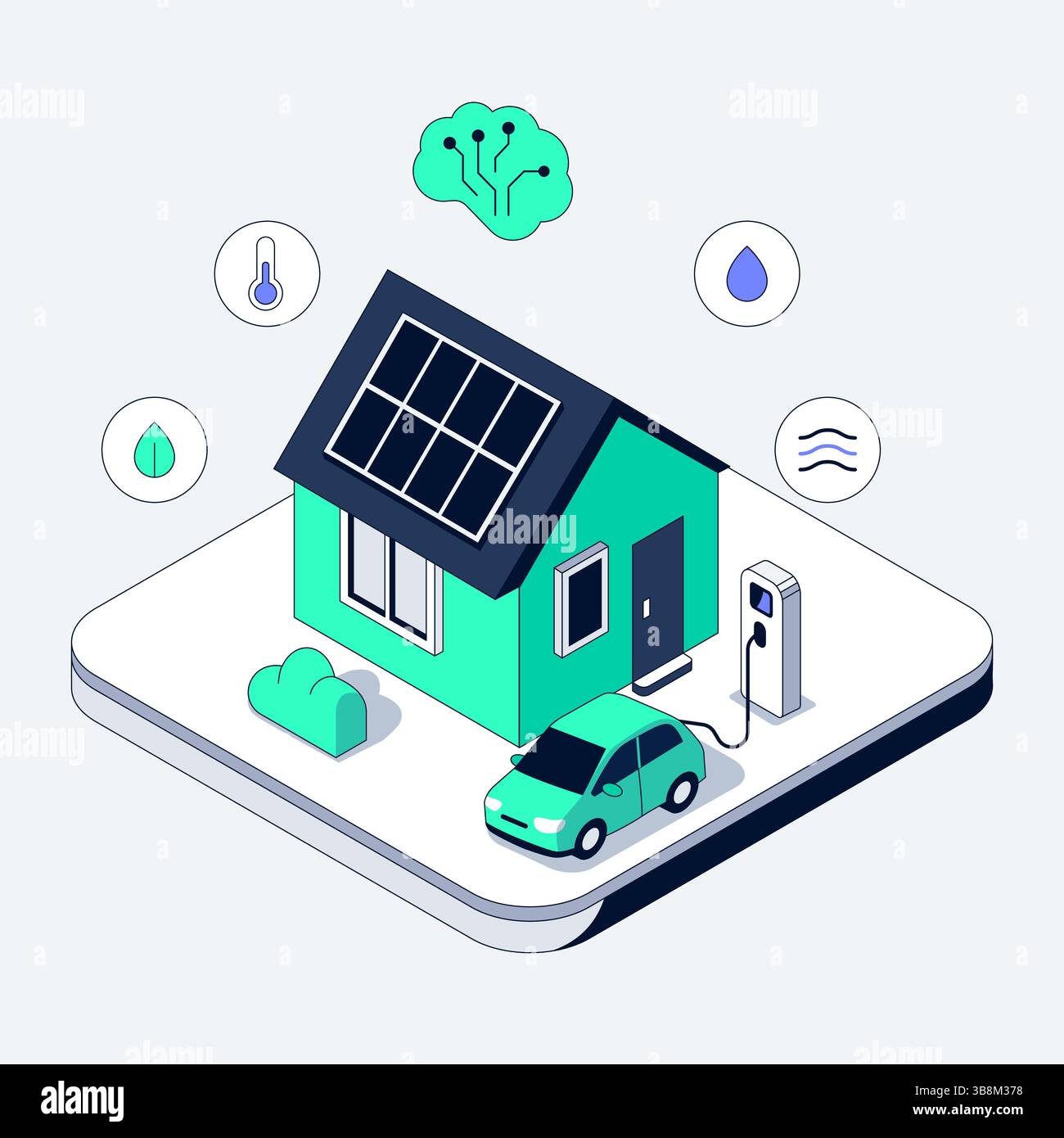 Smart Eco House integriert Solarpaneele und Ladegerät für Elektroautos. AI-Sensoren überwachen Temperatur, Feuchtigkeit und Luftqualität. Nachhaltiges Heimsystem im Stock Vektor