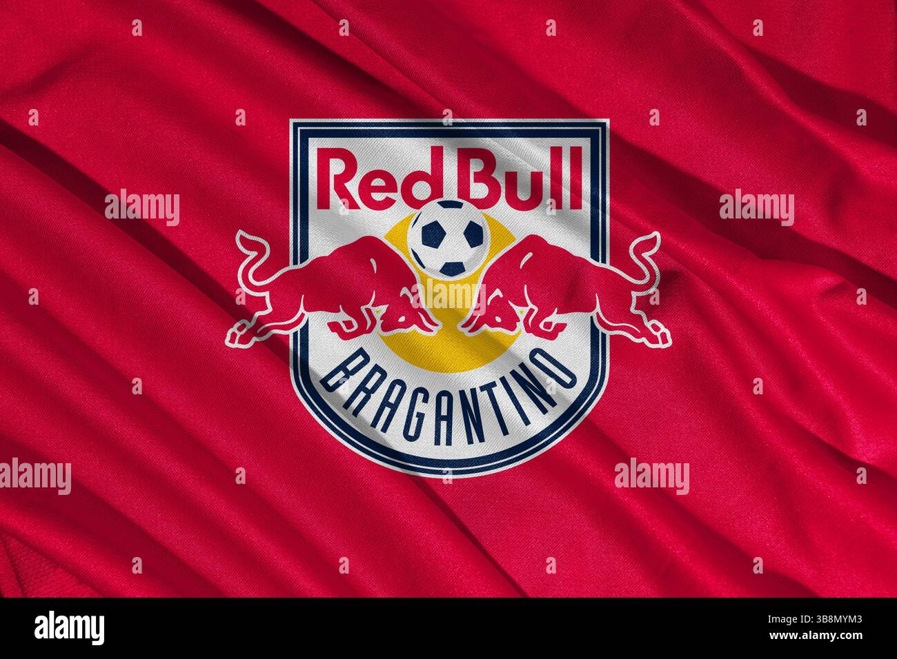 Pringsewu, Lampung, 08. Mai 2025; Bragantino-Logo der brasilianischen Liga mit Wellenstruktur. 3D-Abbildung Stockfoto