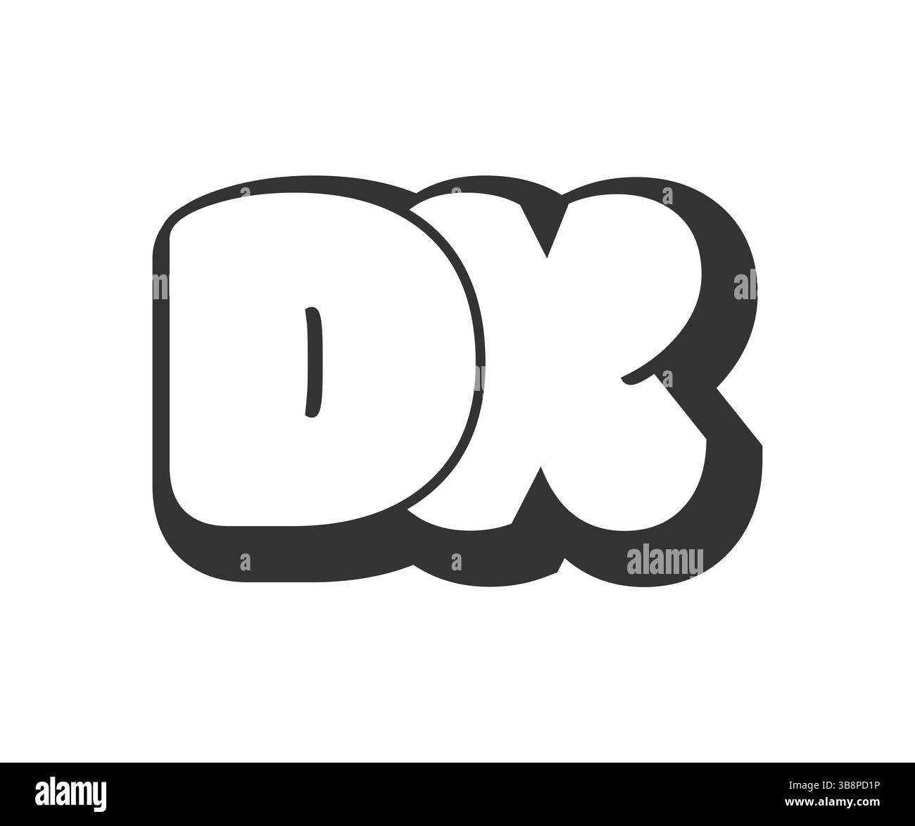 DX-Logo, Bubble-Comic-Schriftzug, abgerundet in schwarz-weißer Silhouette im Graffiti-Stil. Trendiger Text in D und X Buchstaben für Festivalfeier, Person Stock Vektor