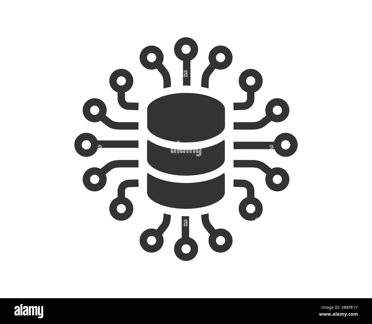Konzeptgrafik eines Datenbankservers, der über eine Chipschaltung verbunden ist. Symbolisiert Daten, Technologie und miteinander verbundene Systeme. Ideal für IT, Netzwerk Stock Vektor