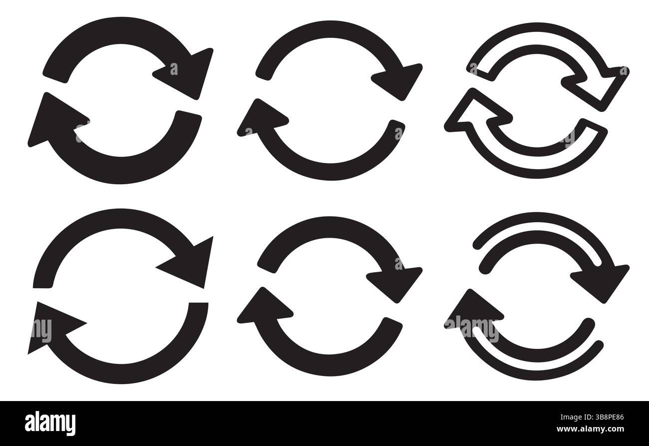 Symbolgruppe mit Kreispfeil. Kreisförmiges Pfeilsymbol, aktualisieren, neu laden, Rotation. Symbole wiederholen und neu laden Set , Piktogramm ökologisches organisches Produkt wiederverwenden Stock Vektor