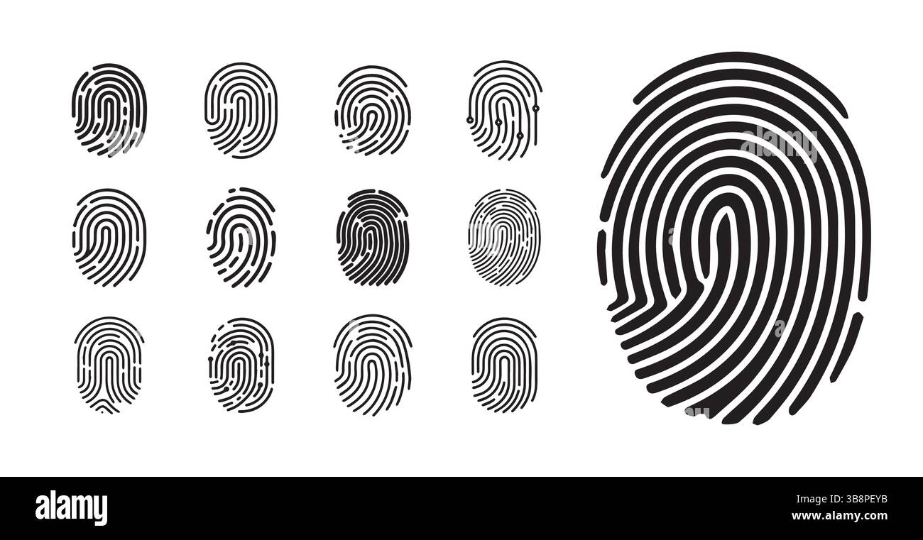 Fingerabdrucksymbole Legen Sie biometrische Identitätssicherheitssymbole und Authentifizierungssymbole fest.eps , Fingerabdruckscanner-Symbole. Vektorabbildung Stock Vektor