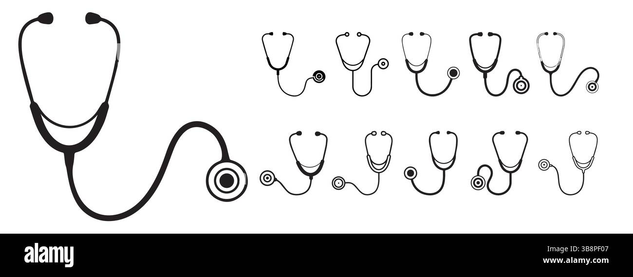 Stethoskop Icons Sammlung , medizinische Vektor Illustrationen in Schwarz und weiß , Stethoskop Icon Vektor Kunst, Icons Stock Vektor