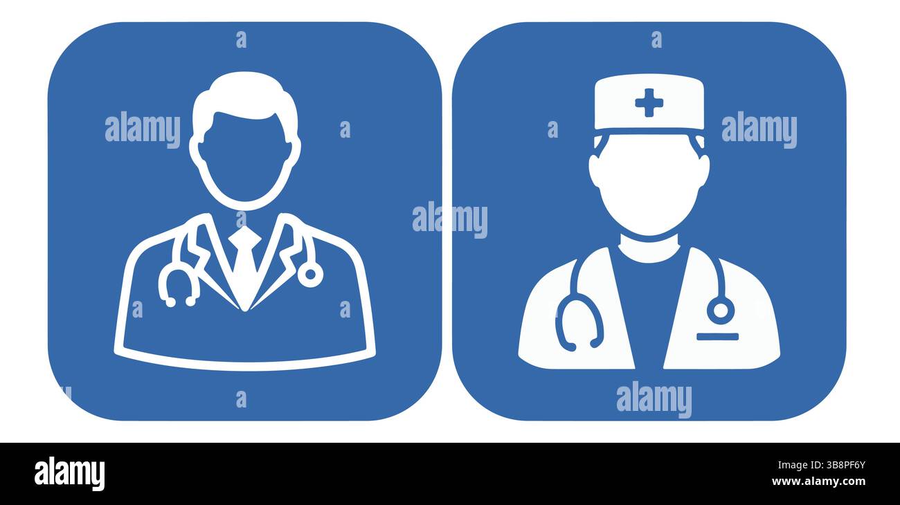 Arzt und Krankenschwester Icon Set, medizinische Stabssymbole in Blau und weiß Stock Vektor