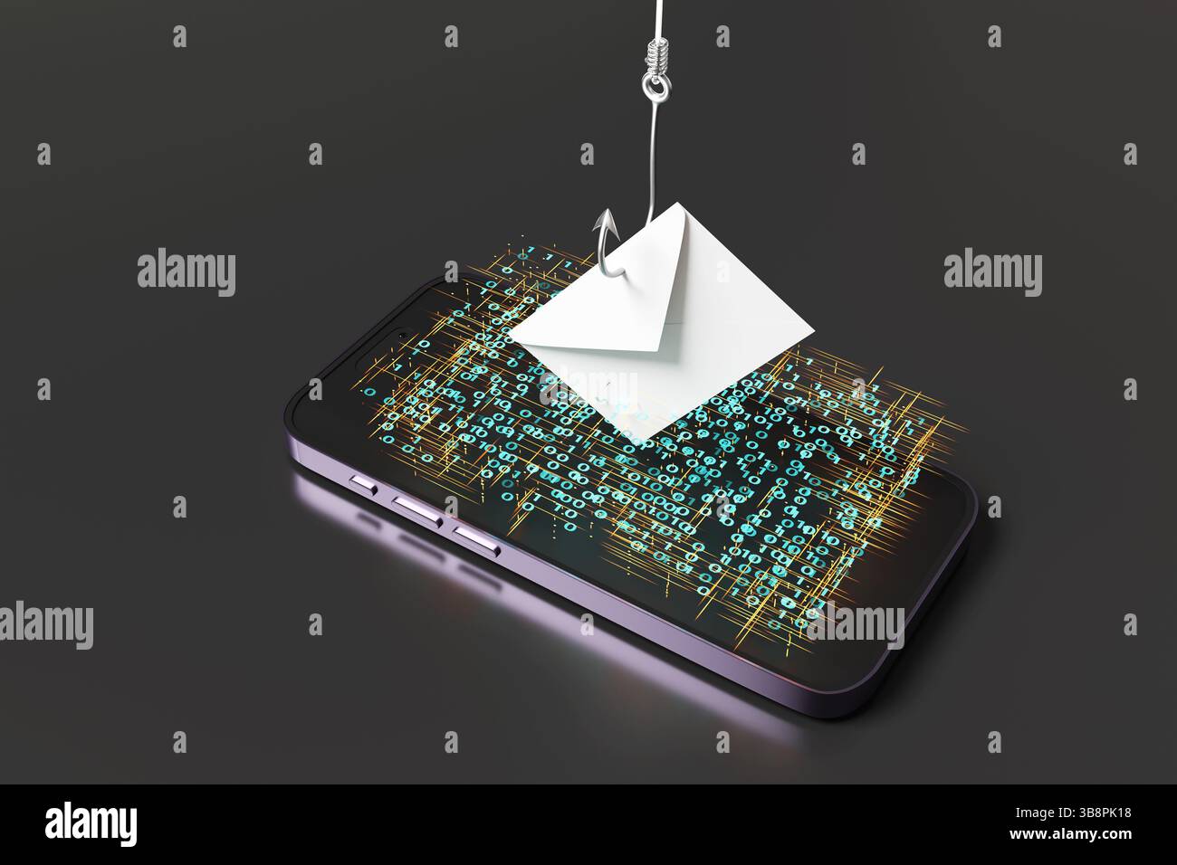 Der Angelhaken zieht einen Umschlag aus einem Mobiltelefon, dessen Binärzahlen auf schwarzem Hintergrund über dem Bildschirm schweben. E-Mail-Phishing Stockfoto