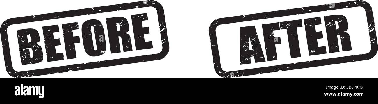 Stempel aus Gummi vor und nach dem Grunge. Vektorsiegel mit fett gedrucktem Text auf transparentem Hintergrund. Stock Vektor