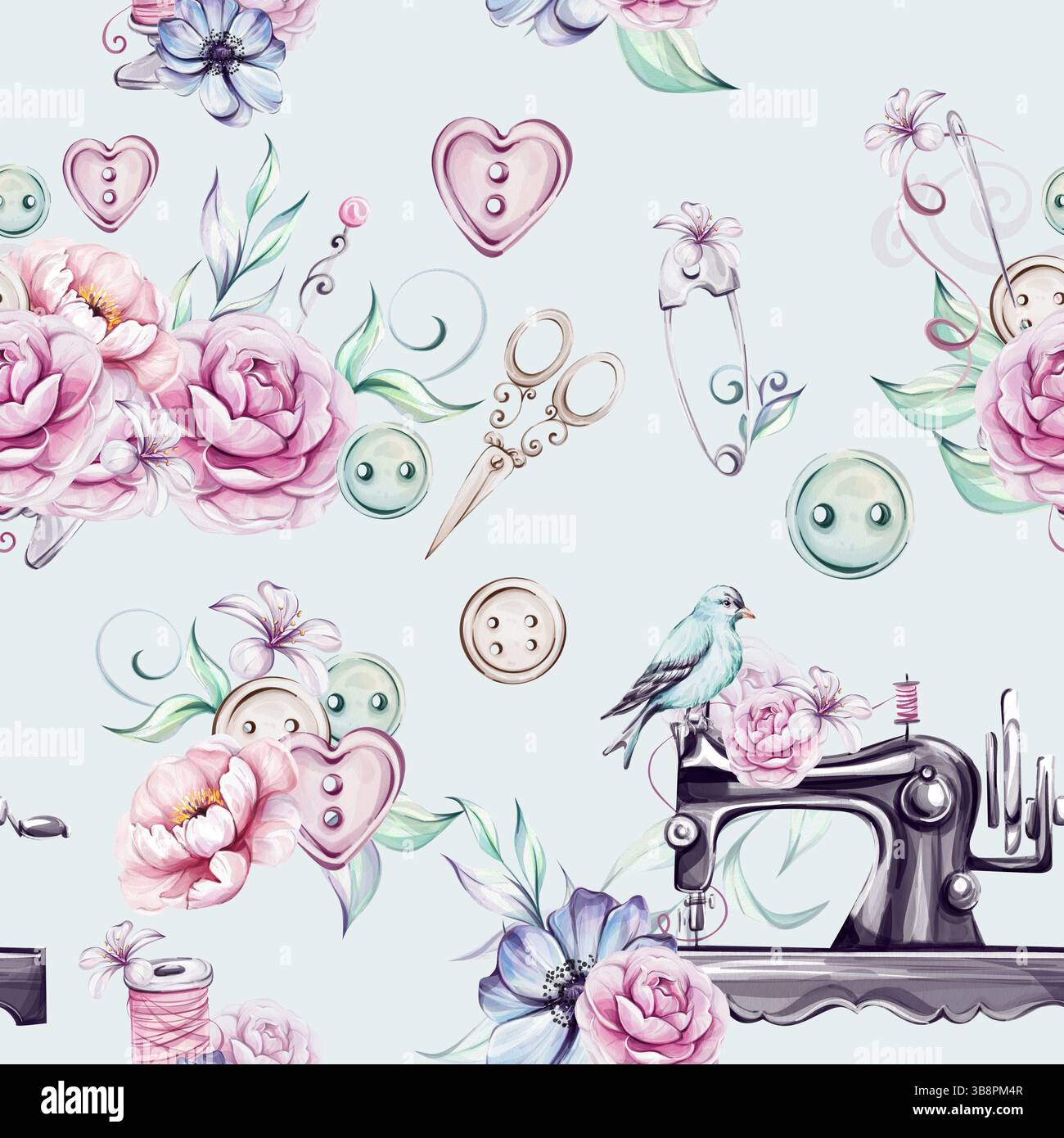 Aquarellgrün Vintage nahtloses Muster - Nähwerkzeuge, Nähmaschine, Schere, Fadenspule, Nadel, Stifte, Maßband mit Blumen. Kleidung Stockfoto