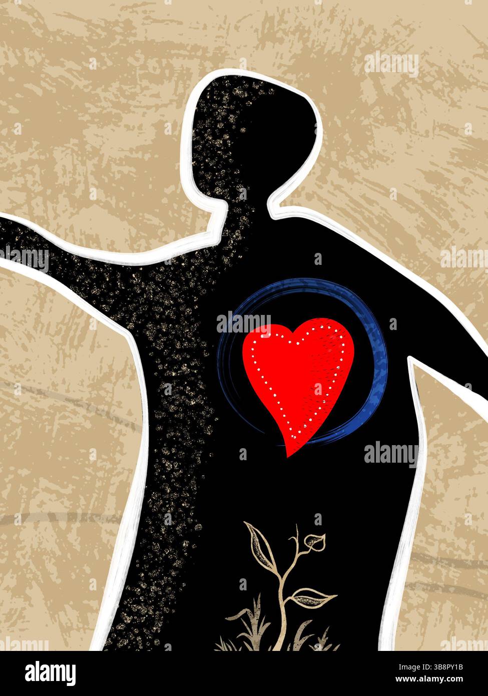 Menschliche Silhouette in dynamischer Pose, die ein großes rotes Herz zeigt. Digitale Illustration. Stockfoto