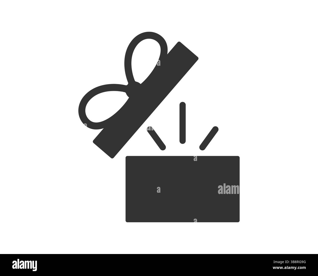 Ein grafisches Symbol einer offenen Geschenkbox mit strahlendem Licht, das Überraschungen, Feiern, Belohnungen oder Werbeaktionen symbolisiert. Sauberes Design, ideal für den digitalen Einsatz. Stock Vektor