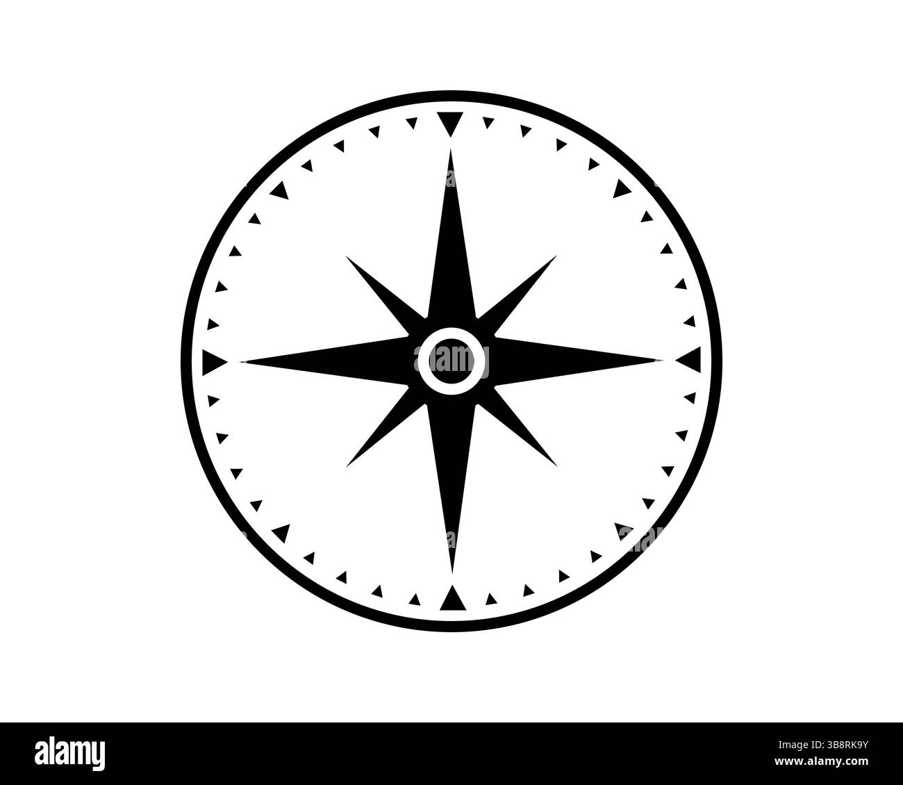 Eine schlichte, saubere schwarz-weiße Kompassrose. Symbolisiert Richtung, Fahrt, Navigation, Erkundung und Führung. Ideal für Website-Symbole und Infografiken Stock Vektor