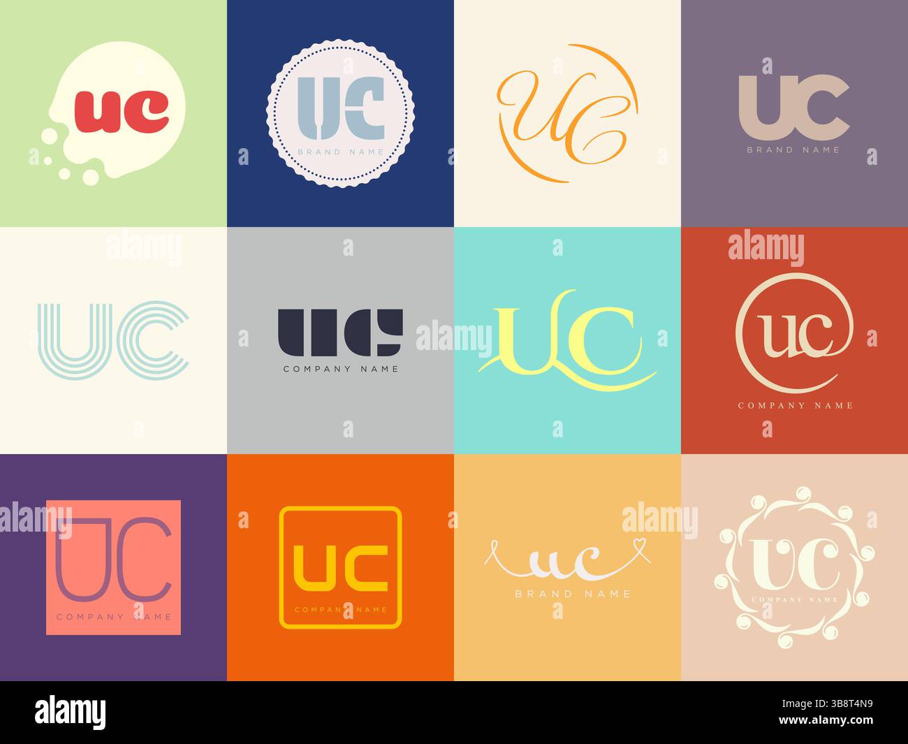 Unternehmensvorlage mit UC-Logo. Buchstaben u und c. Setzen Sie mit Designelementen verschiedene klassische Serifenschriftarten und modernen, auffälligen Text. Anfängliche Schriftart Stock Vektor