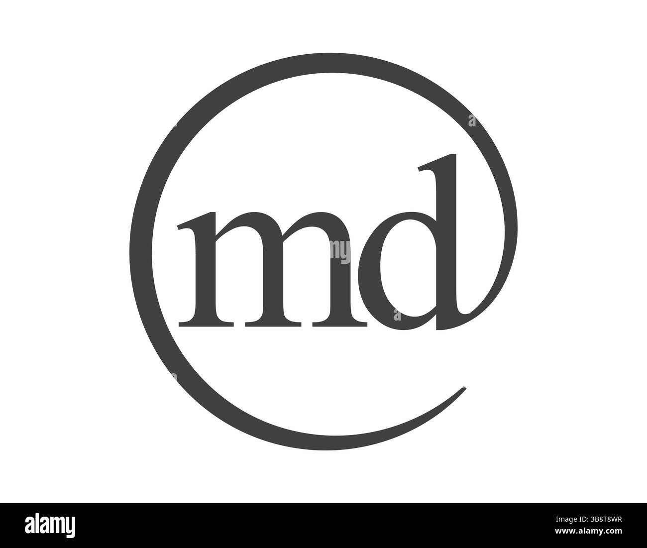 MD-Logo aus zwei Buchstaben mit kreisförmigem E-Mail-Zeichen. M und D runden den Firmenlogo für die Markenidentität ab. Stock Vektor