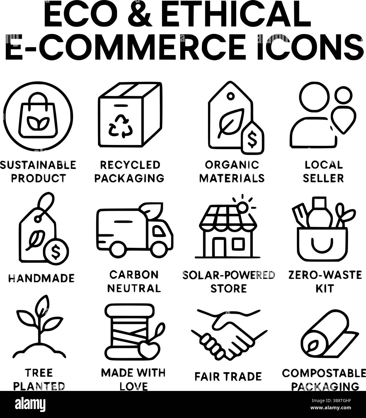 Umweltfreundliche und ethische E-Commerce-Line-Symbole für nachhaltiges Einkaufen Stock Vektor