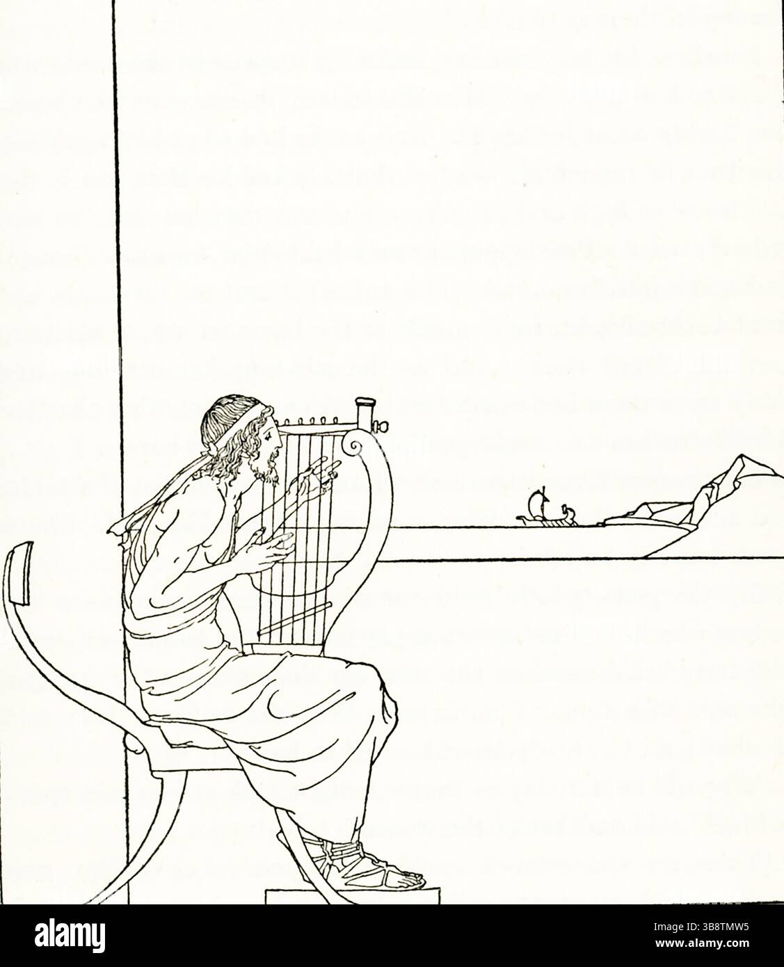 In Homers Epos Gedicht die Odyssee ist Phemius Sohn von Terpes/Terpius ein ithakischer Dichter (auch Barde genannt), der im Haus des abwesenden Odysseus singt. Phemius arbeitet hauptsächlich für die Freier, die im Haus bleiben, und spielt auf deren Wunsch Lieder über den Trojanischen Krieg. Diese Songs schaden Penelope, da sie immer noch trauert und hofft, dass Odysseus am Leben ist. Stockfoto