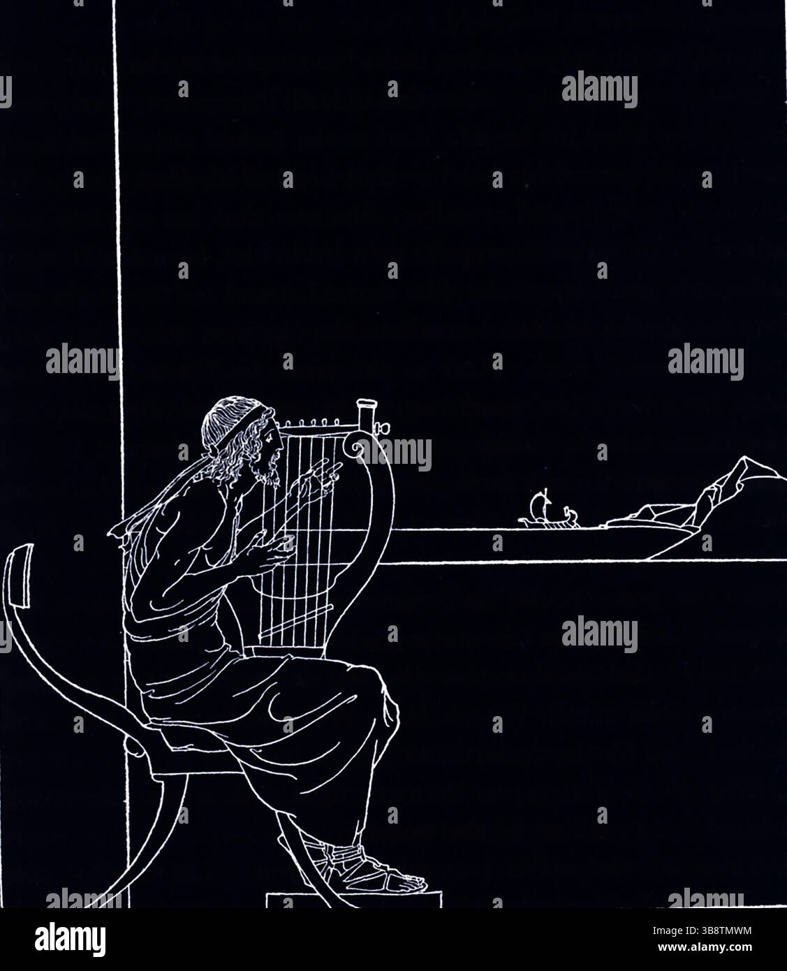 In Homers Epos Gedicht die Odyssee ist Phemius Sohn von Terpes/Terpius ein ithakischer Dichter (auch Barde genannt), der im Haus des abwesenden Odysseus singt. Phemius arbeitet hauptsächlich für die Freier, die im Haus bleiben, und spielt auf deren Wunsch Lieder über den Trojanischen Krieg. Diese Songs schaden Penelope, da sie immer noch trauert und hofft, dass Odysseus am Leben ist. Stockfoto