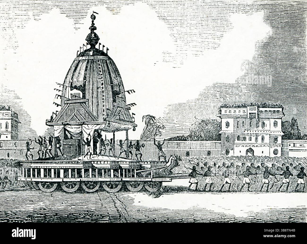 Diese Illustration von „Indien und seine Bewohner“ stammt aus dem Jahr 1855. Es zeigt ein Porträt des Junkers, einen Titel des hinduistischen Gottes Vishnu. Der Begriff „Juggernaut“ wird verwendet, um eine gewaltige, unaufhaltsame Kraft, Bewegung, Kampagne oder ein Objekt zu bezeichnen, das alle in seinem Weg zerquetscht. Jonggernaut (auch Jagannatha geschrieben) ist nach der hinduistischen Mythologie eine Form der Inkarnation des Gottes Vishnu als Krishna. Es wird in der religiösen Stadt Puri verehrt und der Tempel dort des Juggernaut hat in einem schrecklichen Holzbild des Juggernaut mit einem schwarzen Gesicht und einem klaffenden Mund so rot wie Blut. Im Hochsommer gibt es eine Stockfoto