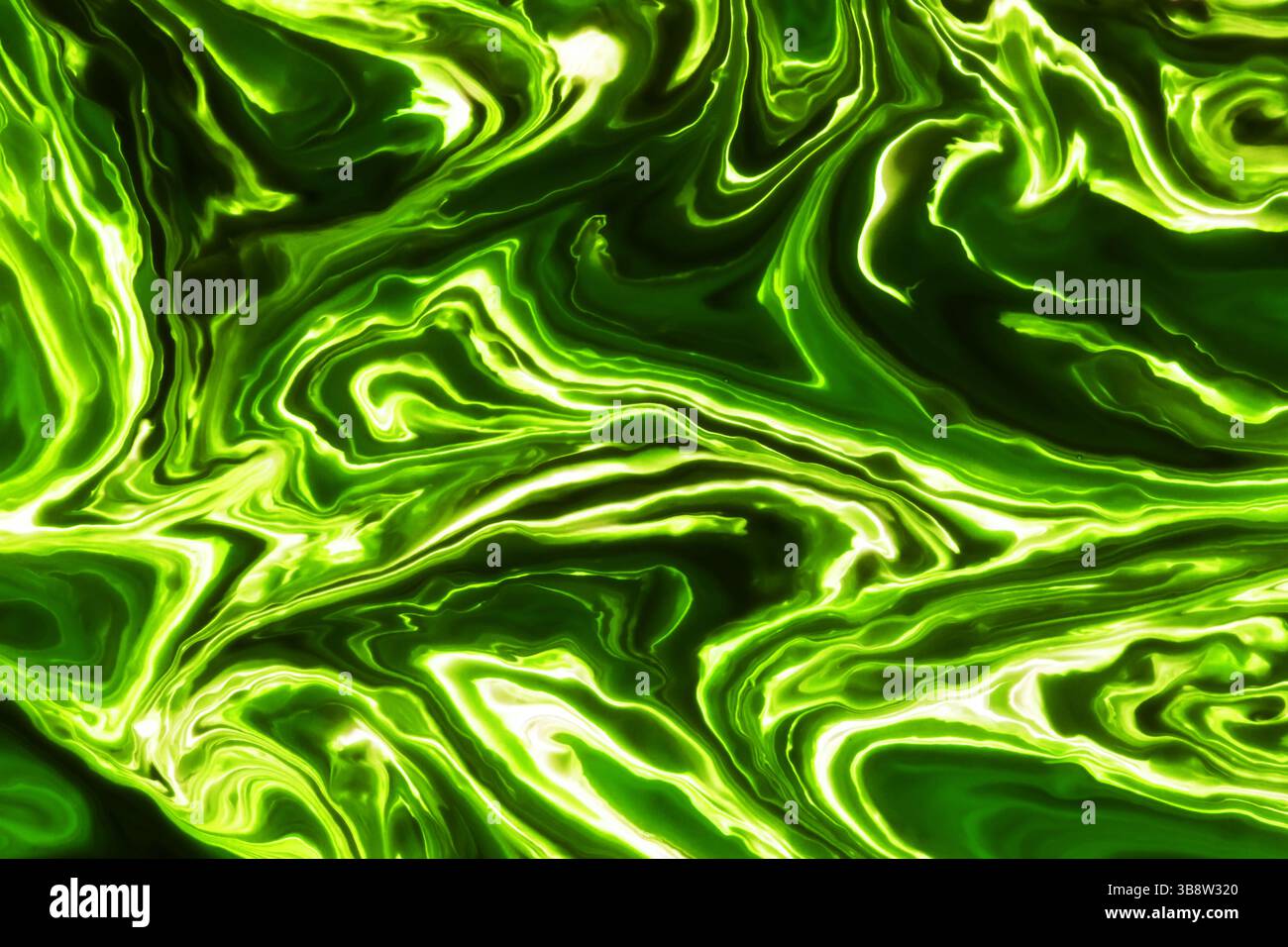 Grüne Flüssigkeit wirbeln Textur. Abstraktes helles Muster. Marmoroptik mit fließenden Linien. Lebendiger Neon-Effekt. Farbfluss-Design. Psychedelische Kunsthintergründe. Stockfoto
