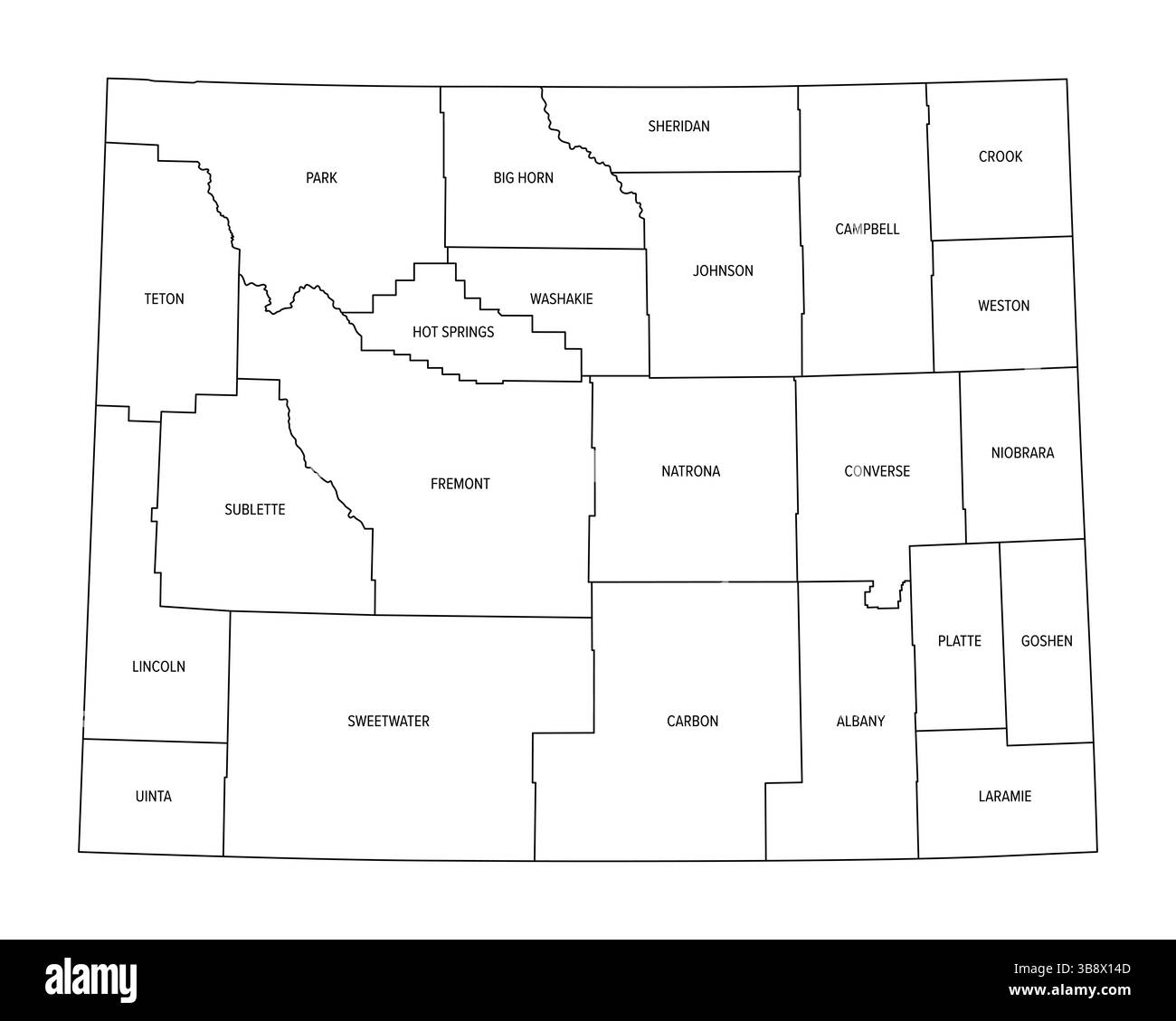 Bundesstaat Wyoming, unterteilt in 23 Countys, Umrisskarte. Bundesstaat in der Region Mountain West der Vereinigten Staaten, auch Equality State genannt. Stockfoto