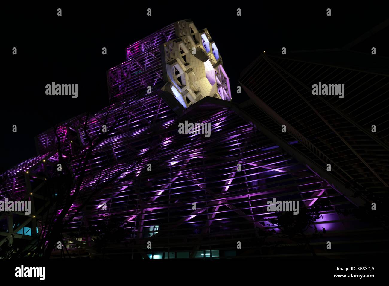 Nachtblick auf das Kaohsiung Music Center (KMC). Kaohsiung City, Taiwan. Die Form des Komplexes soll die sogenannte „große Welle“ symbolisieren. Die Musik Stockfoto