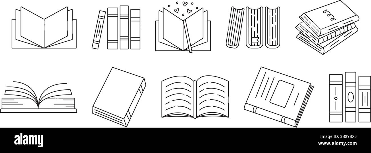 Schwarze Linie Buch-Symbol-Satz isoliert auf transparentem Hintergrund, gedruckte Produkte Vektor monochrome Zeichen in verschiedenen Variationen, zurück zur Schule einfach d Stock Vektor