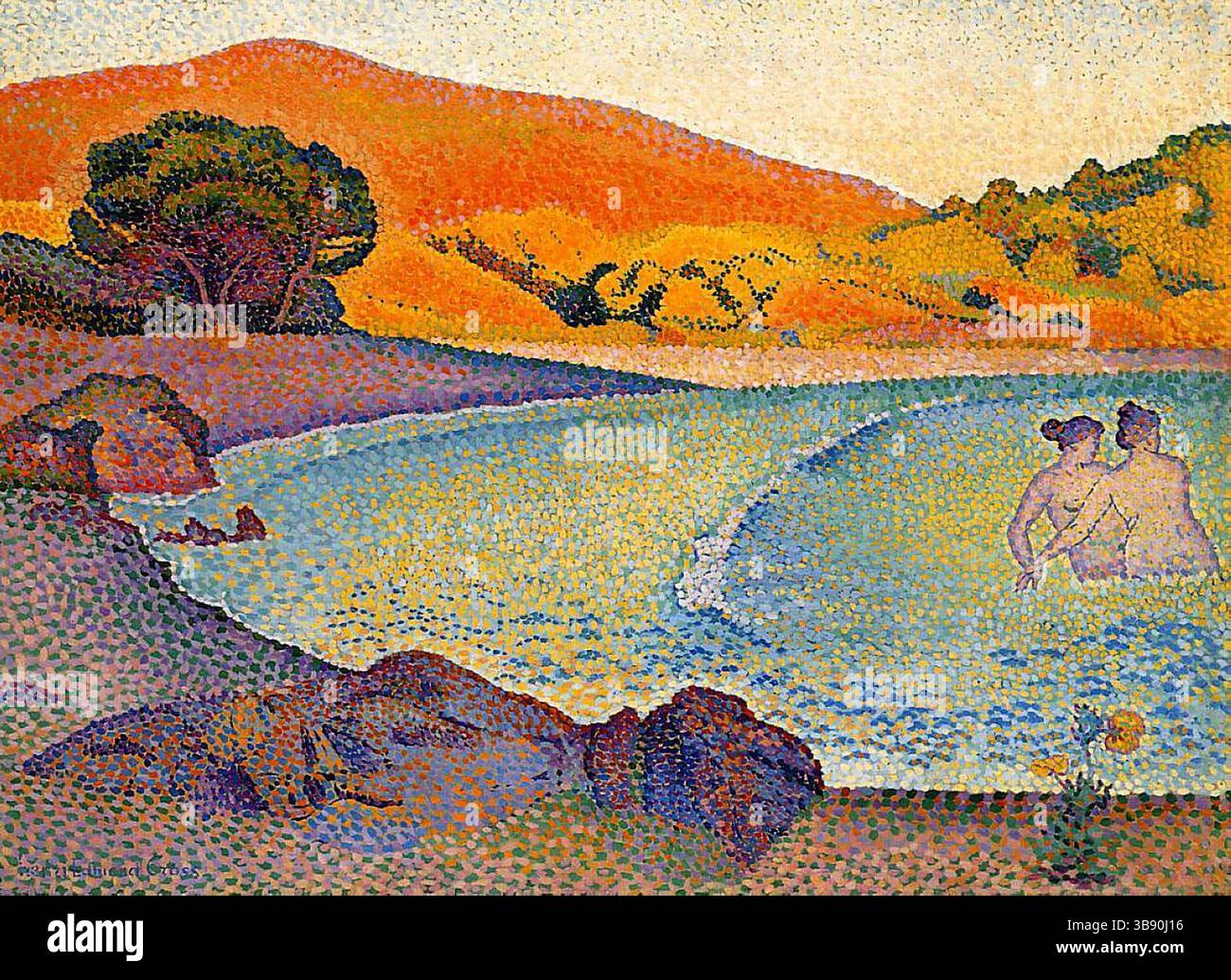 Badende gemalt von Henri Cross im Jahre 1895. Henri-Edmond Cross (* 20. Mai 1856–16. Mai 1910), geboren als Henri-Edmond-Joseph Delacroix, war ein französischer Maler und Druckgraphiker. Er gilt als Meister des Neo-Impressionismus und spielte eine wichtige Rolle bei der Gestaltung der zweiten Phase dieser Bewegung. Er war ein bedeutender Einfluss auf Henri Matisse und viele andere Künstler. Seine Arbeit war maßgeblich an der Entwicklung des Fauvismus beteiligt. Stockfoto