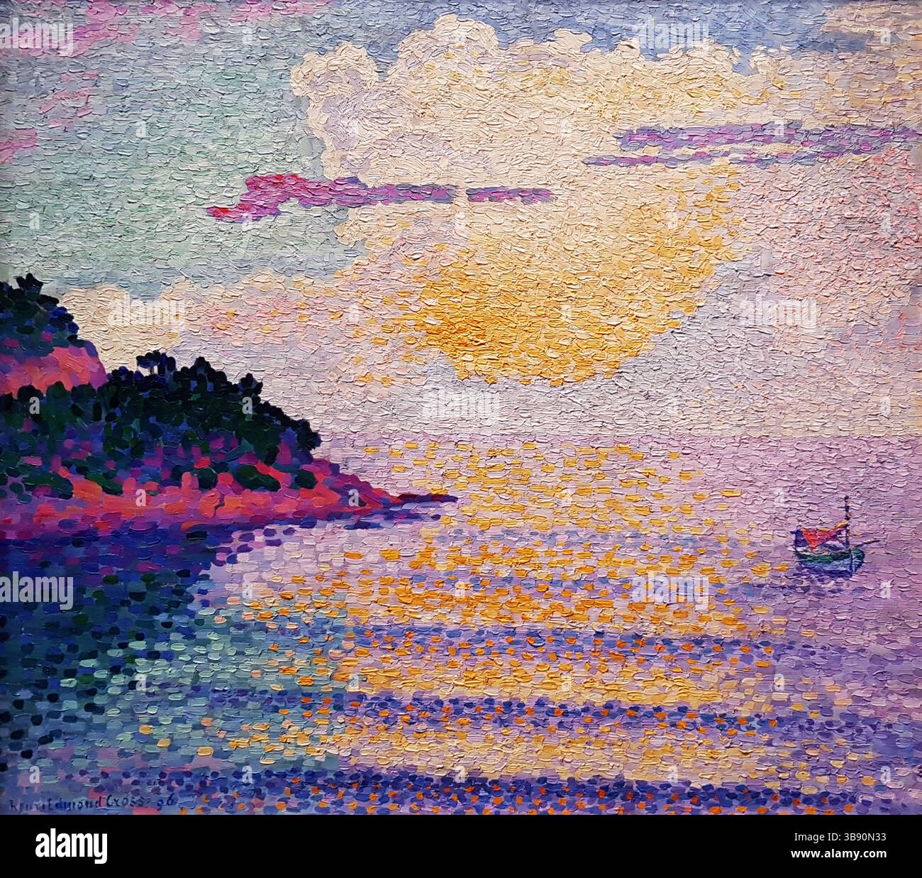 Sonnenuntergang über dem Meer gemalt von Henri Cross im Jahr 1896. Henri-Edmond Cross (* 20. Mai 1856–16. Mai 1910), geboren als Henri-Edmond-Joseph Delacroix, war ein französischer Maler und Druckgraphiker. Er gilt als Meister des Neo-Impressionismus und spielte eine wichtige Rolle bei der Gestaltung der zweiten Phase dieser Bewegung. Er war ein bedeutender Einfluss auf Henri Matisse und viele andere Künstler. Seine Arbeit war maßgeblich an der Entwicklung des Fauvismus beteiligt. Stockfoto