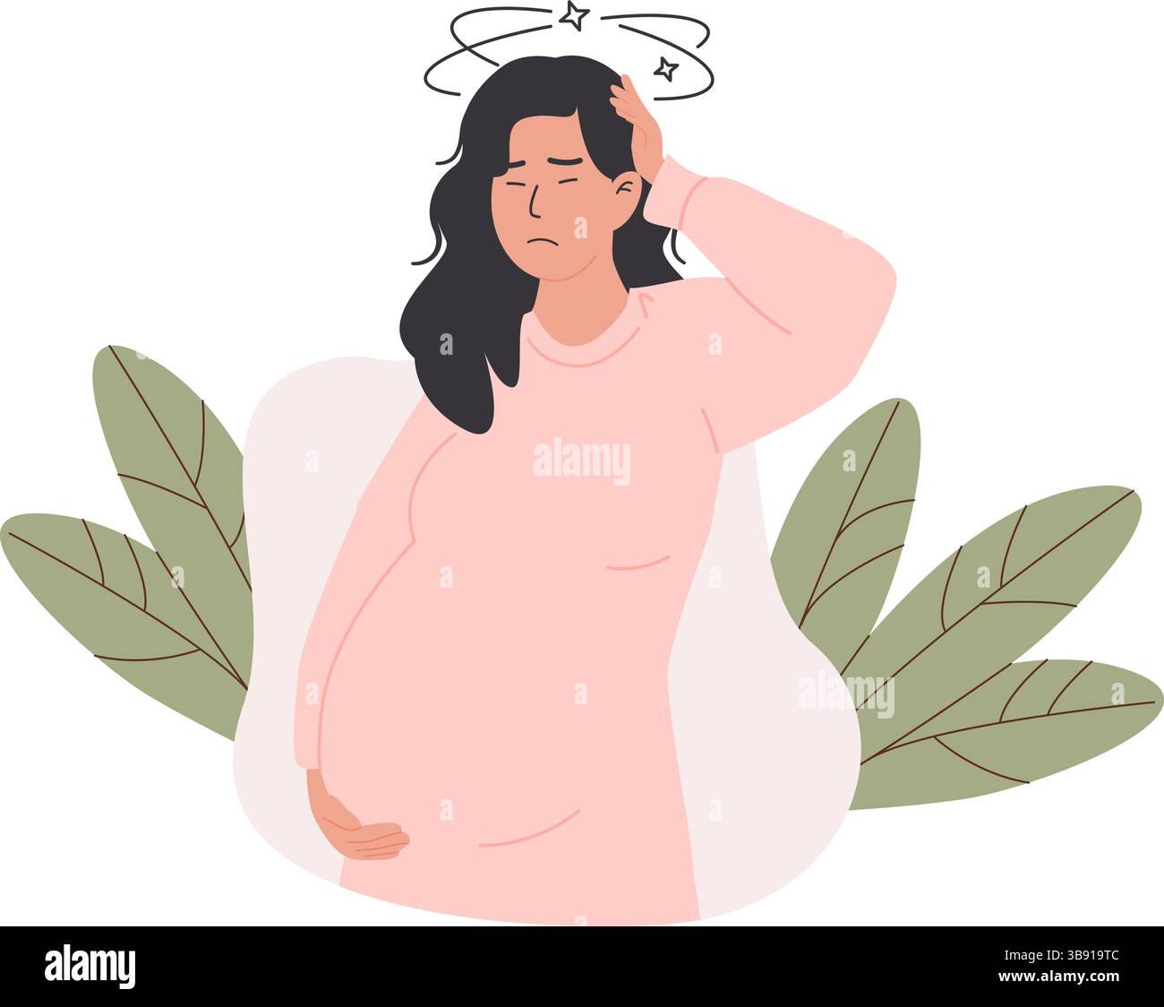 Schwangere Frau, die Schwindel und Unwohlsein erlebt, konzeptuelle medizinische Illustration, die mütterliche Müdigkeit und pränatale Gesundheit hervorhebt. Vektor Stock Vektor