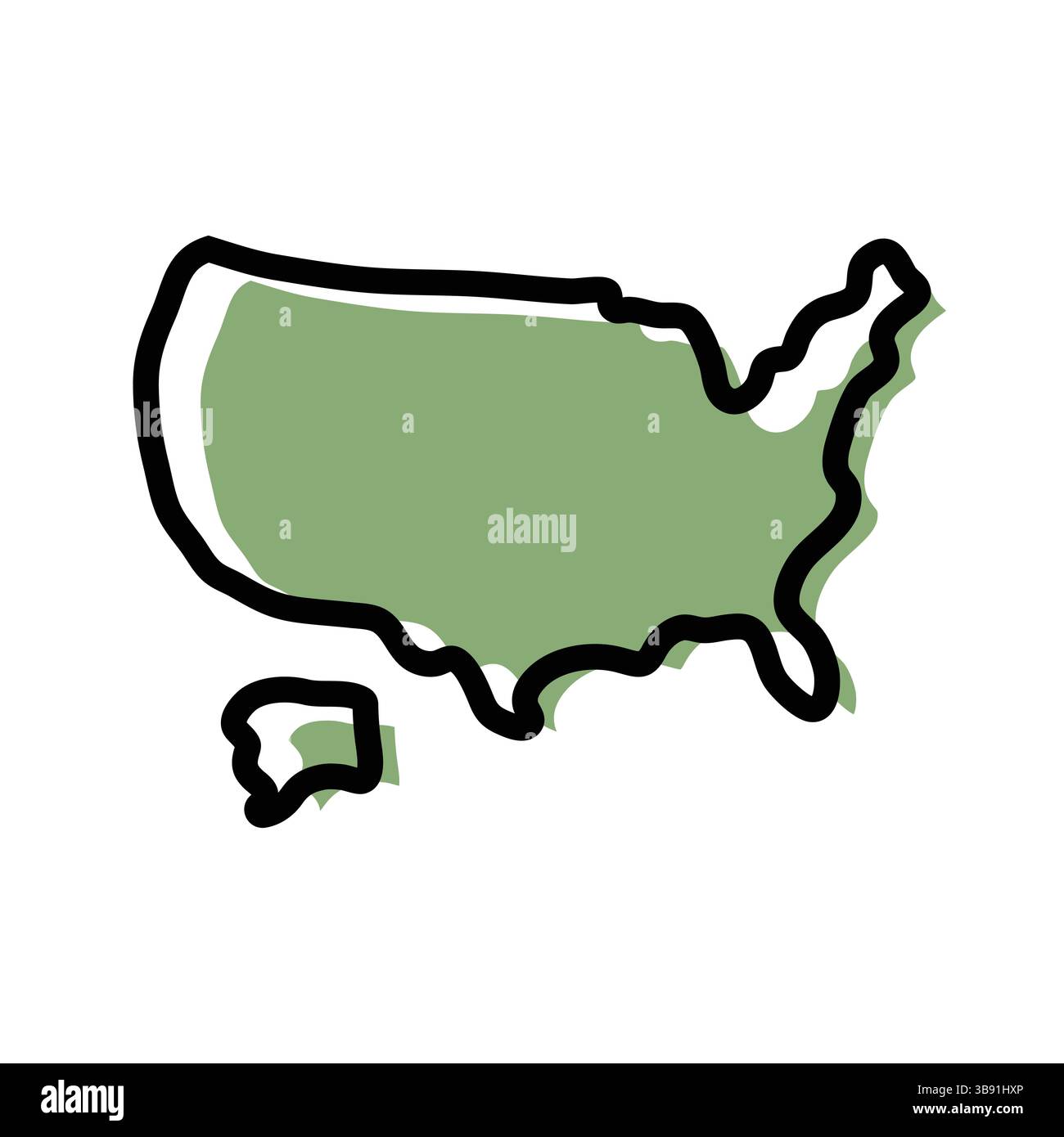 Grünes Kartensymbol der Vereinigten Staaten von Amerika. Umrisskarte USA. Einfaches Design mit Symbolen. Vektorabbildung Stock Vektor