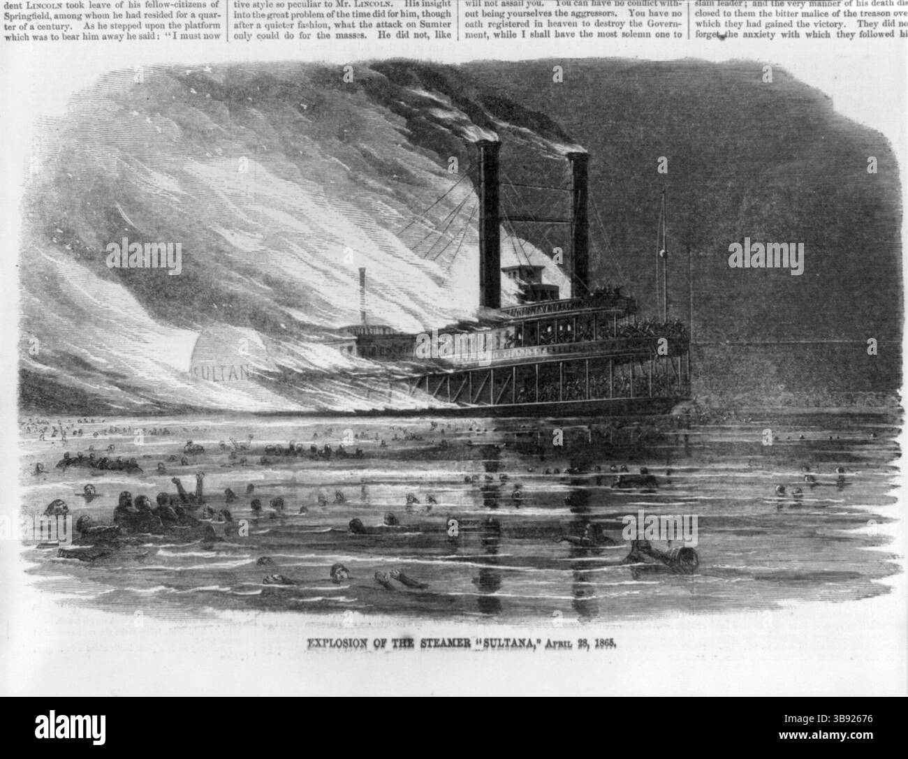 Sultana war ein kommerzielles seitliches Dampfschiff, das am 27. April 1865 auf dem Mississippi River explodierte und sank und 1.864 Menschen tötete, was nach wie vor die schlimmste Seekatastrophe in der Geschichte der Vereinigten Staaten war. Obwohl sie mit einer Kapazität von nur 376 Passagieren ausgelegt war, beförderte sie 2.127 Passagiere, als drei der vier Boiler explodierten und es in der Nähe von Memphis, Tennessee, versenkten. Dies ist eine Illustration aus der Zeitung, die den Schauplatz der Katastrophe zeigt. Stockfoto