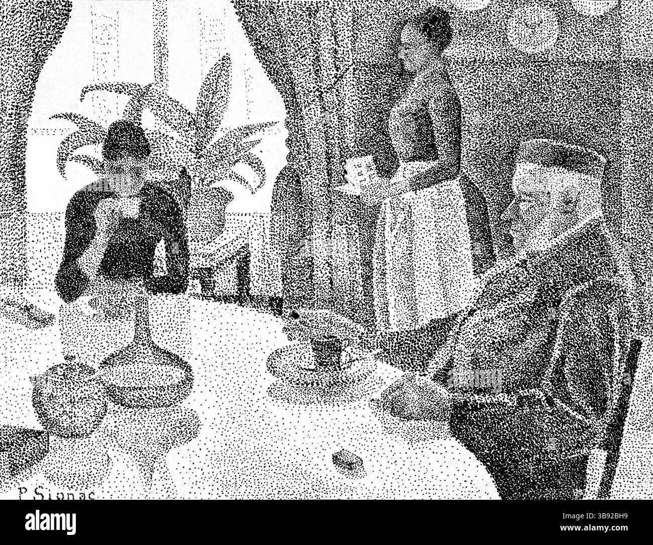 Paul Signac, der Speisesaal, Innenzeichnung, Neo-Impressionismus, französisches Wohnleben, hochauflösende, gemeinfreie Kunstwerke, Kunst des 19. Jahrhunderts, int Stockfoto