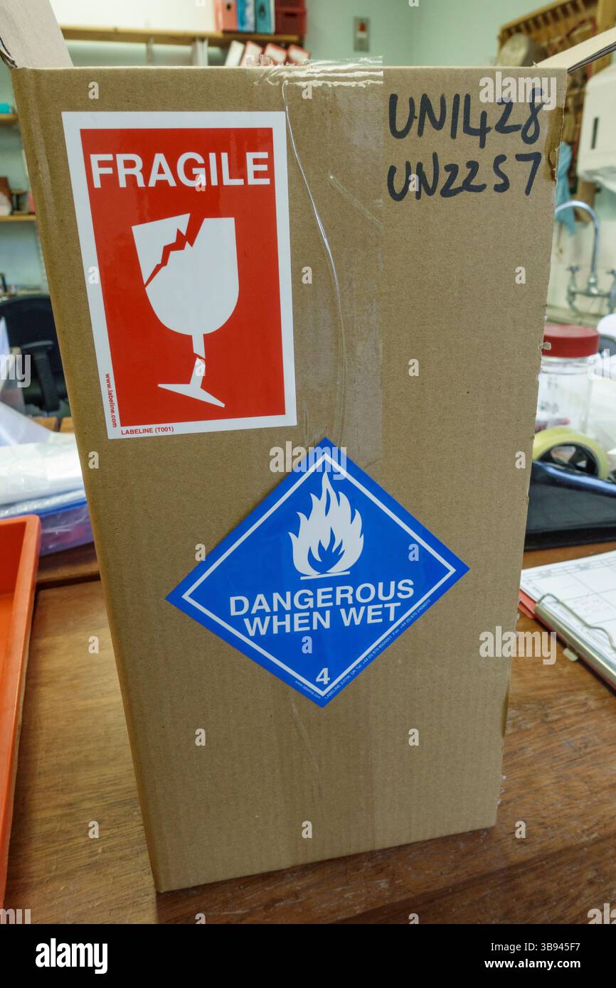 Verpackung für den Transport von Gläsern mit Natrium- und Kaliummetallen in flüssigem Pariffin (mit dem Etikett „Dangerous When Wet“) zu einer britischen Sekundarschule. Stockfoto