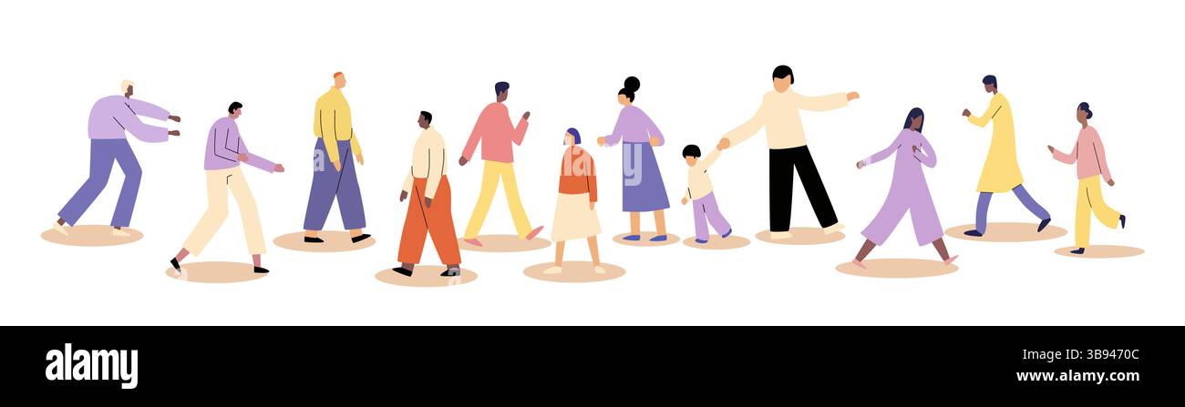Dieses Bild zeigt weder Handelskrieg noch Zölle Kriegskonzepte noch Länderflaggen. Es zeigt eine vielfältige Gruppe von Menschen, die in verschiedenen Bereichen laufen Stock Vektor