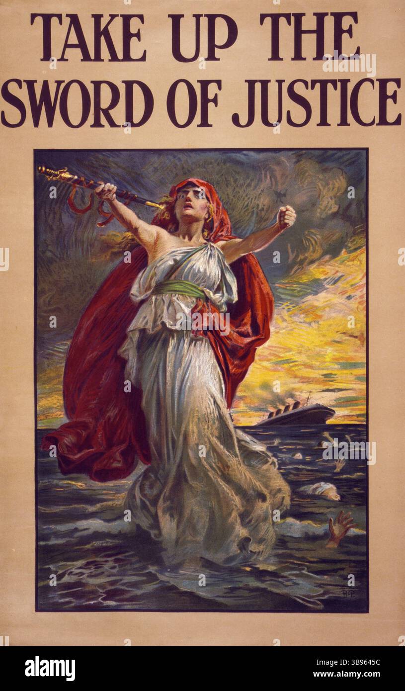 Ein britisches Rekrutierungsplakat, das die Wut über den Untergang von Lusitania als Propagandawerkzeug benutzt. Die Brittania hält ein Schwert und das Schiff im Hintergrund. Lusitania war ein britisch registriertes Seefahrer, das während des Ersten Weltkriegs am 7. Mai 1915 von einem U-Boot vor dem Old Head of Kinsale in Irland torpediert wurde. An Bord waren 1.264 Passagiere, 3 blinde Passagiere und eine Besatzung von 693 Personen, insgesamt 1.960 Menschen, von denen 1.197 getötet wurden. Das Schiff sank in nur 18 Minuten. Der Tod von 128 Amerikanern an Bord war ein großer Faktor für den Eintritt der USA in den Krieg. Stockfoto