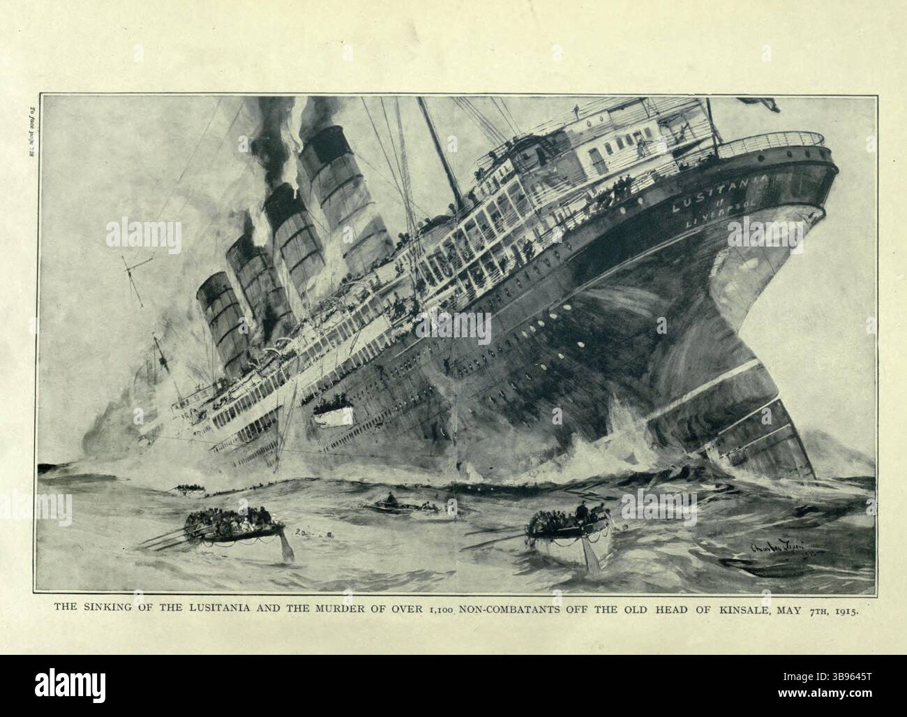 Ein künstlerischer Eindruck vom Untergang der Lusitania. Lusitania war ein britisch registriertes Seefahrer, das während des Ersten Weltkriegs am 7. Mai 1915 von einem U-Boot vor dem Old Head of Kinsale in Irland torpediert wurde. An Bord waren 1.264 Passagiere, 3 blinde Passagiere und eine Besatzung von 693 Personen, insgesamt 1.960 Menschen, von denen 1.197 getötet wurden. Das Schiff sank in nur 18 Minuten. Der Untergang wandte die öffentliche Meinung von Deutschland ab und der Tod von 128 Amerikanern an Bord war ein großer Faktor für den Eintritt der USA in den Krieg. Stockfoto