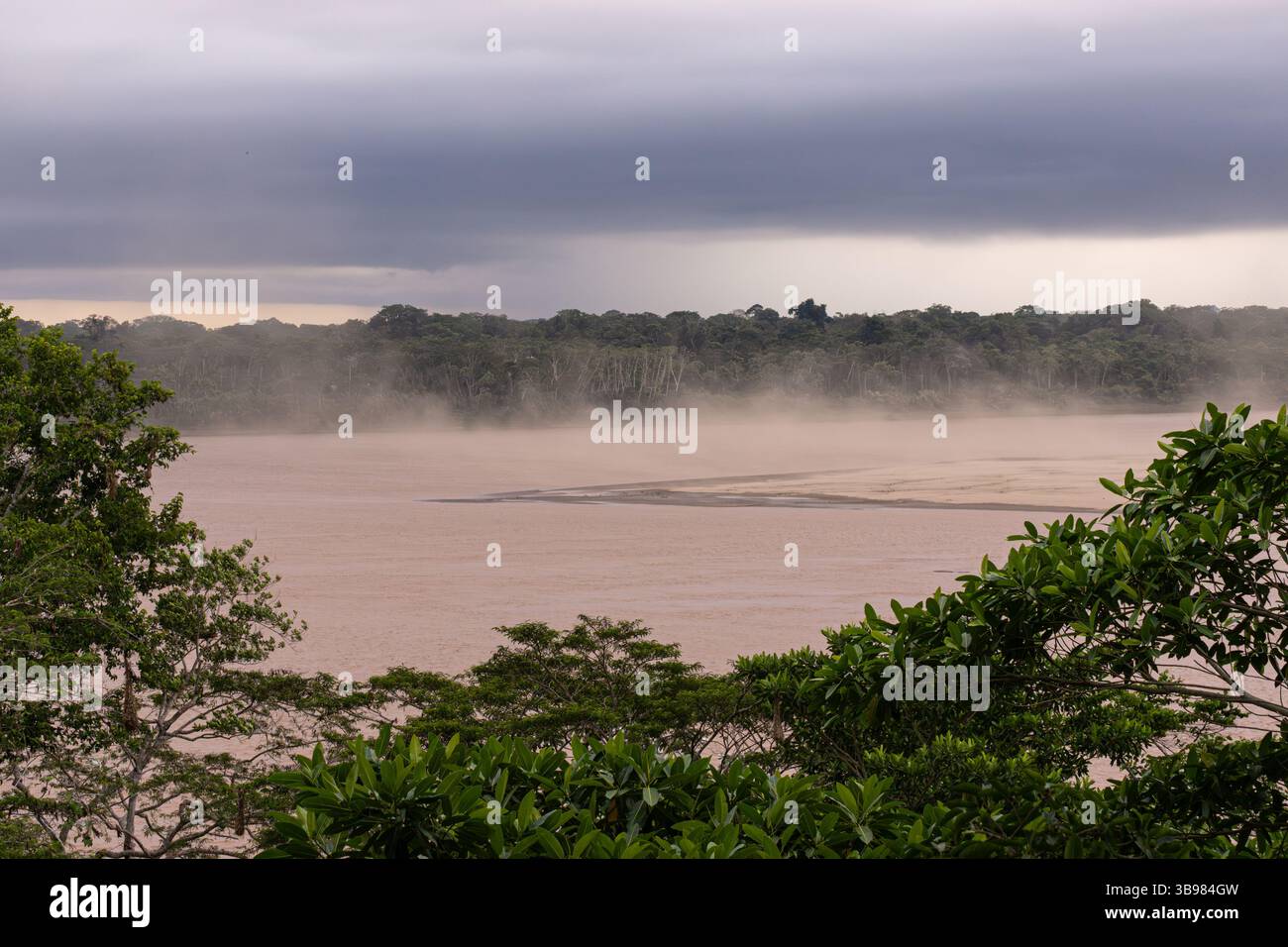 Blizzard über den Sandbänken des Tambopata-Flusses im peruanischen Amazonas-Regenwald von einem nahegelegenen Baum Stockfoto