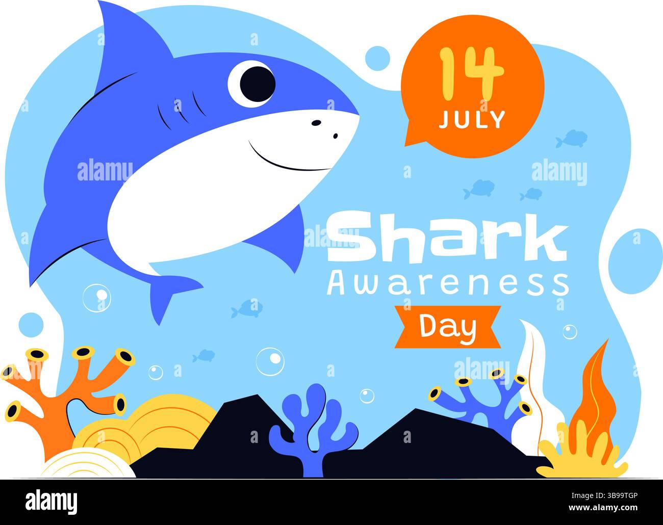 Shark Awareness Day Vector Illustration am 14. Juli mit einem Hai und dem Ozean, um das Meeresökosystem in einem flachen Hintergrund zu erhalten Stock Vektor