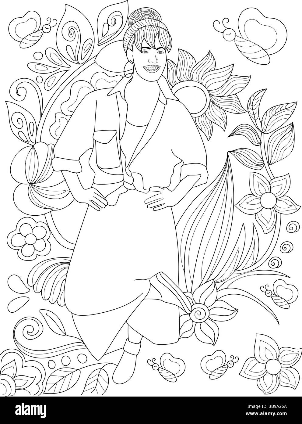 Eine schwarz-weiße Strichgrafik-Illustration zum Färben mit einer Frau im Retro-Stil der 80er Jahre, umgeben von detaillierten Blumenmustern und verspielter Butter Stock Vektor